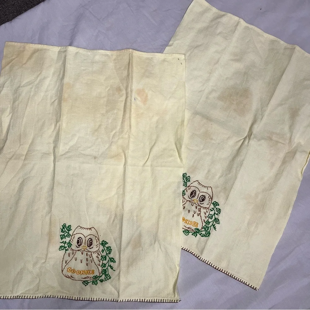 Vintage Yellow Hand Stitched Owl Cookies Hand Towel Set Of Two